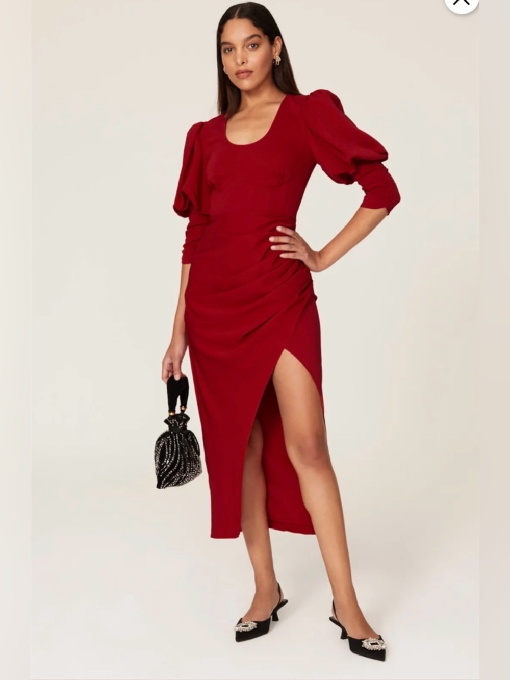 Self-Portrait Red Ruched Midi Dress Red Puff-Sleeve with Side Slit size US 4